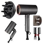 FLYISH DIRECT Hairdryer 1800W, Professional Hairdryers for Women with 3 Speed Setting and Cold Shot, Hair Dryer with Diffusers for Curly Hair, Fast Drying Blow Dryer with 2 Nozzles, Grey