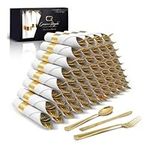 50 Pre Rolled Gold Plastic Silverware - 200pc Set, Service for 50 - Wrapped Disposable Silverware Set with Forks, Knives, Spoons, White Napkins - Fancy Decorative Flatware for Dinner, Party, Wedding