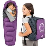 Trail Kids Sleeping Bag Mummy Shape 3 Season Camping 300gsm Boys Girls with Lightweight Rucksack Bag (Purple)