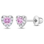 925 Sterling Silver 5mm Pink & Clear Modern Cubic Zirconia Halo Heart Cut with Screw Back Earrings Lock for Toddler, Girl, Teen and Pre-Teen