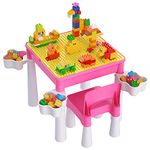 burgkidz Toddler Table and Chair Set, Plastic Kids Activity Table with Chair and 128 Piece Large Creative Bricks Building Construction Toys for Girls, Pink