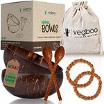 Vegboo® Set of 2 Coconut Bowls with E-Book - 100% Durable Plastic Free - Handmade with Many Accessories - Ideal as Cereal Bowl, Vegan, Acai and Smoothie Bowl