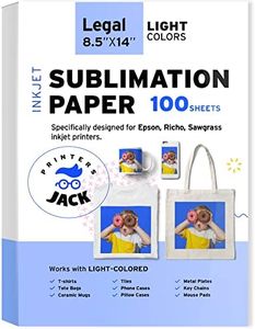Printers Jack Sublimation Paper - 8.5 x 14 Inches, 100 Sheets 120gsm for Any Epson Sawgrass Inkjet Printer with Sublimation Ink, Heat Transfer Sublimation Paper for T-shirt, Mugs, Light Fabric