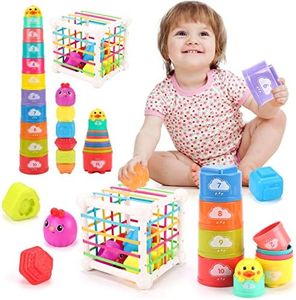 Qizebaby Baby Toys 6 to 12 Months，Infant Toys Montessori Sensory Set，Baby Stacking Toys，Shape Sorter Toddler Toys with Storage Cube，Kids Sorting Game for Sand Bath，Kid Boy Girl Birthday Gifts