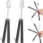 Flutesan 2 Pcs Butterfly Fork and Spoon Set, Tactical Butterfly Spoon Folding Stainless Steel Butterfly Fork for Travel Camping Hunting BBQ Kitchen, Black