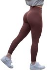 TomTiger Women's Yoga Pants 7/8 High Waisted Workout Yoga Leggings for Women Butt Lifting Tummy Control Booty Tights, Brown, X-Small