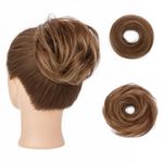 S-noilite Human Hair Messy Bun Hair Piece Chignon Updo Scrunchies 100% Real Straight Golden Brown Highlights Hair Bun Extensions for Women Elegant Donot Bun Hairpiece with Elastic Band 25g