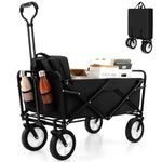 TANGZON Folding Trolley Cart, Collapsible Festival Trolley Trailer with Adjustable Handle & 2 Cup Holders, Heavy Duty Pull Along Wagon Cart for Camping Beach Garden Shopping (Black)