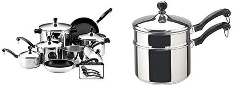 Farberware Classic Stainless Steel Cookware Pots and Pans Set, 15-Piece,50049,Silver & Classic Stainless Series 2-Quart Covered Double Boiler
