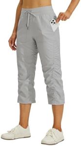 Willit Women's Quick-Dry Capris Travel Pants Lightweight Striped Woven Hiking Workout Casual Pants with Pockets Light Gray M