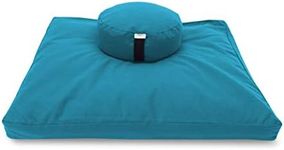 Bean's ZAFU + ZABUTON Meditation Set - ROUND Buckwheat Filled ZAFU Pillow + Large Cotton Filled ZABUTON Floor Pad - AQUA Cotton Canvas - Traditional Tibetan Zen Mindfulness Seat Kit - Made in USA