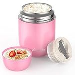 ValueTalks Hot Food Flask,Leak-Proof,Double Walled Insulated BPA Free Stainless Steel Soup Flask,Extra Wide Mouth Food Container with Folding Spoon-450ml(Pink)