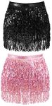 2 Pieces Sequin Tassel Skirt Belly Dance Hip Scarf Performance Outfit Sequins Skirt Belts Body Accessories for Women Girls, Black, Light Pink, Medium