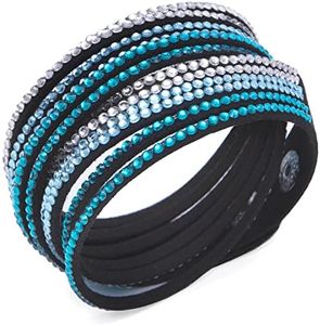 Barzel Leather Created Austrian Crystals Wrap Bracelets (Black with Blue & White Stones)