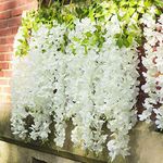 GT Gloptook 6 Pcs Artificial Polyester Hanging Flower Wisteria Vines Fake Flowers Vines For Home Party Wedding Garden Outdoor Greenery Decoration (3.6 Foot Each, Pack Of 6, White)