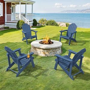 LUE BONA HDPE Adirondack Chairs Set of 8 - Weather Resistant Outdoor Seating with Cup Holder, Ideal for Poolside, Deck, Lake House, Resort & Outdoor Event, Blue