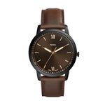 Fossil Men's Minimalist Quartz Stainless Steel and Leather Three-Hand Watch, Color: Black/Dark Brown (Model: FS5551)