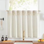 jinchan Linen Kitchen Curtain with Tassels 24 Inch Boho Tier Curtain Natural Beige Farmhouse Cafe Curtain Light Filtering Small Window Curtain for Bathroom Laundry Room RV Back Tab 1 Panel Crude