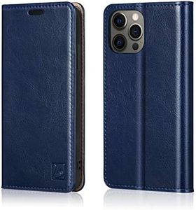 Belemay Compatible with iPhone 12/12 Pro Wallet Case 5G (6.1") Genuine Cowhide Leather Folio Flip Cover [RFID Blocking] Credit Card Holder [Soft TPU Shell] Kickstand Function Folding Case, Navy Blue