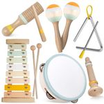 Baby Musical Instruments-Montessori Wooden Toys for Toddlers 1-3,Neutral Colors Percussion Instruments Set with Modern Boho Xylophone for Kids Preschool Educational 3+