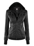 Lock and Love Women's Removable Hooded Faux Leather Jacket Moto Biker Coat, Wjc664_black/Charcoal, Large