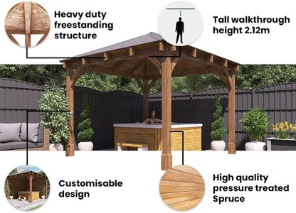 Dunster House Wooden Gazebo 3x3m – Heavy Duty Hot Tub Shelter with Roof Shingles