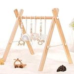 HAN-MM Wooden Baby Gym with 6 Wooden Baby Toys Foldable Baby Play Gym Frame Activity Gym Hanging Bar Newborn Gift Baby Girl and Boy Gym (Natural Color)