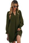 Women's V Neck Tunic Dress Summer T Shirt Casual Mini Dress Puff Half/Long Sleeve Flare Work Dresses Green XL [Long Sleeve]