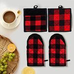 Lushomes 4 Pack Buffalo Check Quilted Heat Resistant Cotton Oven Mitt & Pot Holder Set, Red/Black, for Baking, Grilling, BBQ, Cooking, Handling Pots, 2 Pcs Glove 6x13 Inch, 2 Pcs Pot Holder 9x8 Inch