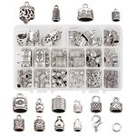 Craftdady 120Pcs Tibetan Antique Silver Glue in Leather Cord Ends 14 Styles Barrel Tassel Cord End Caps for Kumihimo Bracelet Jewelry Making