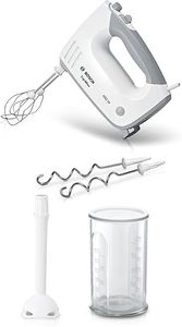 Bosch Handrührgerät, 2 Rührbesen, 2 Knethaken, Edelstahl, spülmaschinenfest, Pürierstab, Mixbecher, 5 Stufen plus Turbostufe, 450 W, weiß, ErgoMixx MFQ36440