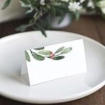 Bliss Collections Greenery Holiday Place Cards for Christmas Party, Wedding or Special Winter Event! Seating Place Cards for Tables, Scored for Easy Folding, 50 Pack, 2 x 3.5 Inches