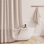 BTTN 96 Inch Extra Long Shower Curtain, Boho Chic Linen Water-Repellent Fabric Shower Curtain Set with Plastic Hooks, Tall Vintage Farmhouse Tassel Cloth Shower Curtains for Bathroom, Tan/Taupe, 72x96