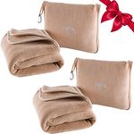 BlueHills Premium Soft 2-Pack Travel Blanket Pillows Airplane Large Plane Flight Throw Travel Blankets for Two in a Bag Compact Traveling Essentials Warm Travel Gifts Long Beige T205