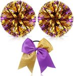 Hanaive Cheerleading Pom Poms and Large Cheerleader Hair Bow 12 Inch Large Metallic Cheer Cheerleader Pom Poms for Sports Team Spirit Cheering(Purple and Gold Mixed,Glitter)