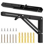 2X Folding Shelf Brackets 12 Inches, Heavy Duty L Brackets for Shelves, Heavy Duty Floating Shelf Bracket, Black Metal Shelf Brackets & Supports, Locking Folding Table Hinge, Floating Shelf Hardware