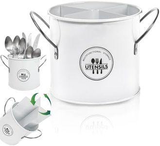 Noamus Vintage Utensil Holder, 4 Compartment Metal Silverware Cutlery Caddy with Removable Divider, Round Flatware Organizer with Handle for Kitchen Countertop, Fork Spoon Knife, White