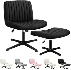 ALFORDSON Armless Criss-Cross Desk Chair with Ottoman Stool, Ergonomic Cross Leg Office Chair with Channel-Tufted Mid-Back Design, Tilt & Height Adjust and Swivel, 180kg Max, Xavi Fabric Black