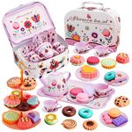 MAMPO 46PCS Tea Set for Little Girls, Princess Tea Time Pretend Kitchen Toy with Biscuits, Teapot, Cake, Dessert, Carrying Case, Donut for Kids Girls Boys