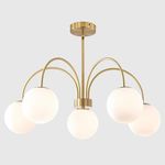 BOKT Mid Century Modern Gold Chandelier Large 5 Light White Globe Sputnik Chandelier Height Adjustable Milk Glass Hanging Pendant Lights Kitchen Island Vintage Dining Room Brass Ball Chandelier