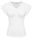 Belle Poque Ruffle Sleeves Blouses for Women Casual V Neck Top Cotton T-Shirt White S