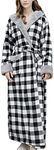 Flygo Womens Fuzzy Plush Long Hooded Robe Full Length Flannel Fleece Bathrobe Warm Housecoat, Plaid-black, Medium