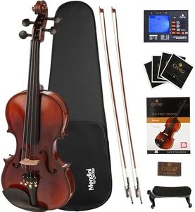 Mendini By Cecilio Violin - MV500+92D - Size 3/4, Black Solid Wood - Flamed, 1-Piece Violins w/Case, Tuner, Shoulder Rest, Bow, Rosin, Bridge & Strings - Adult, Kids