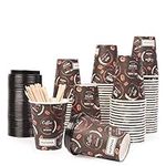 MATANA 80 Disposable Takeaway Coffee Tea Cups with Lids & Wooden Stirrers (340ml / 12oz) - Unique Design - Sturdy, Heat Resistant & Leakproof