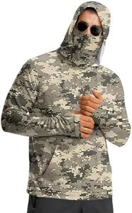 Hooded Sun Shirts for Men - Fishing Hoodies for Men with Hood & Face Mask & Thumb Hole Camouflage Print Long Sleeve UV Protection Shirt Men Breathable Rash Guard Shirt - Hiking,Fishing,Camping,Travel