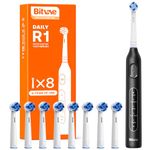 Bitvae R1 Rotating Electric Toothbrush with 8 Brush Heads for Adults and Kids, 60-Day Battery Life, 5 Modes Rechargeable Power Toothbrush with 2-Minute Smart Timer, Black