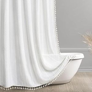 Awellife Cream White Boho Shower Curtain Set - Premium Quality Heavy Duty Cotton Linen Modern Farmhouse Shabby Chic Shower Curtain Bohemian Cottage Bathroom Decor, Waterproof & Washable, 72x72