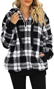 Yanekop Sherpa Hoodie Fuzzy Fleece Hoodie Womens Gifts For Christmas Oversized Sweatshirt for Women(B White Black Plaid,3XL)