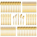 60-Piece Matte Gold Silverware Set, E-far Stainless Steel Flatware Cutlery Set Service for 12, Eating Utensils Tableware for Home Kitchen, Matte Finished & Dishwasher Safe, Simple Design