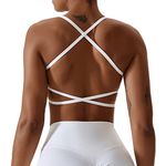 Qmttoae Sports Bras Women Strappy Backless Sports Bra Fitness Criss Cross Back Yoga Bra with Removable Padded Gym Workout Top (White,L)